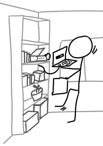 Hand drawing of a person holding a computer in one hand and a stack of papers in the other hand.
The computer is connected to a printer on a shelf.
The person seems ready to fall. Photographic archive of the scene