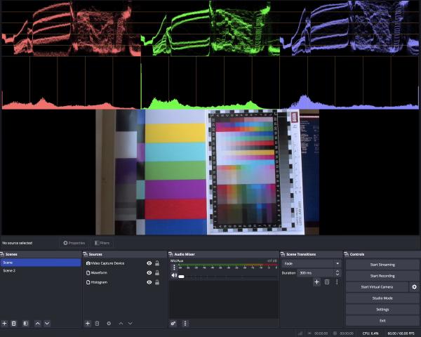 An OBS screenshot displaying a 3 channels histogram (red, green and blue) as well as the video input. The video is zoomed on a photo paper, the left is a classic mire, the right is a printer color calibration template. Feels like a fever dream by now