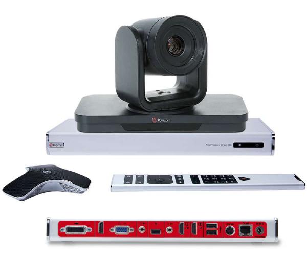 Polycom RealPresence Group 500 TV-set and its remote, deported mic array, EagleEYE IV camera. The back of the TV-set is also represented, showing a range of connections such as proprietary camera input, input HDMI and VGA, output HDMIs, network, power, etc. The beast